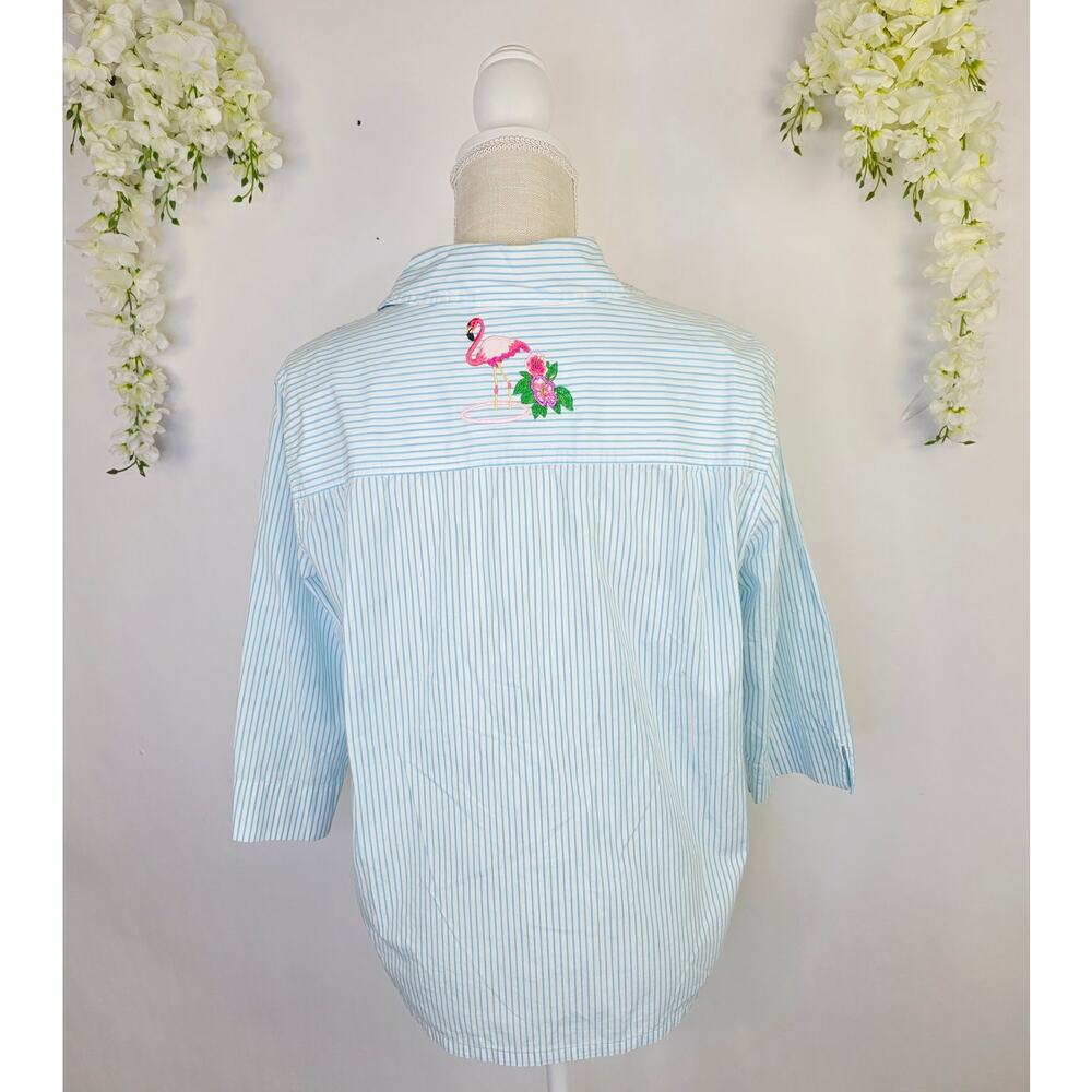 Bechamel Petite Blouse Button Up Medium Blue Stripe Flamingo Embroidery Tropical - Picture 2 of 11